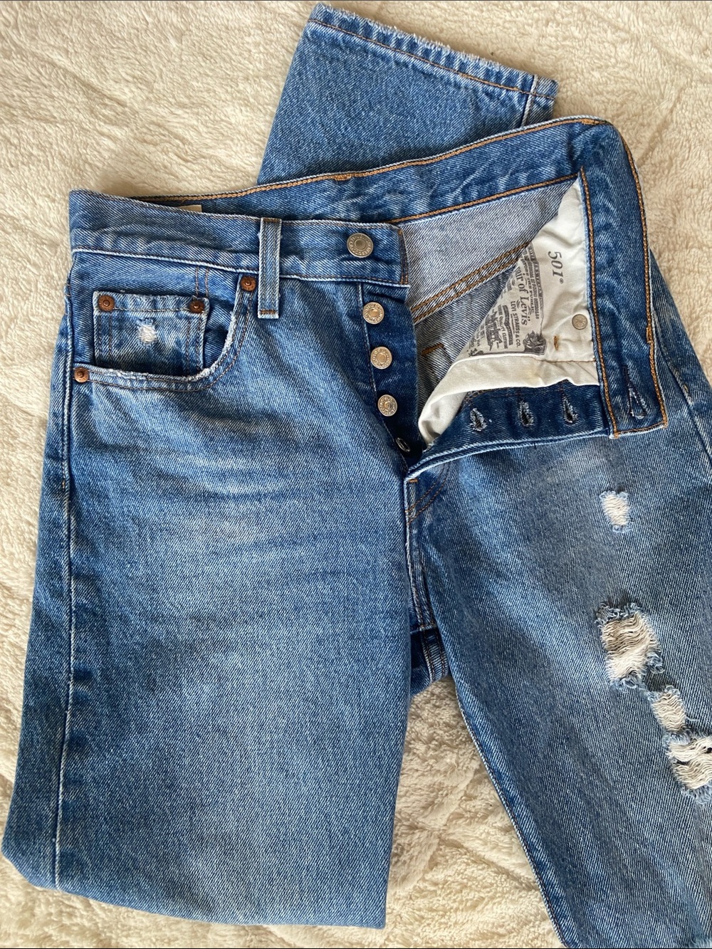 Levi's Medium Blue 501s Distressed Button-Fly Jeans 24x30